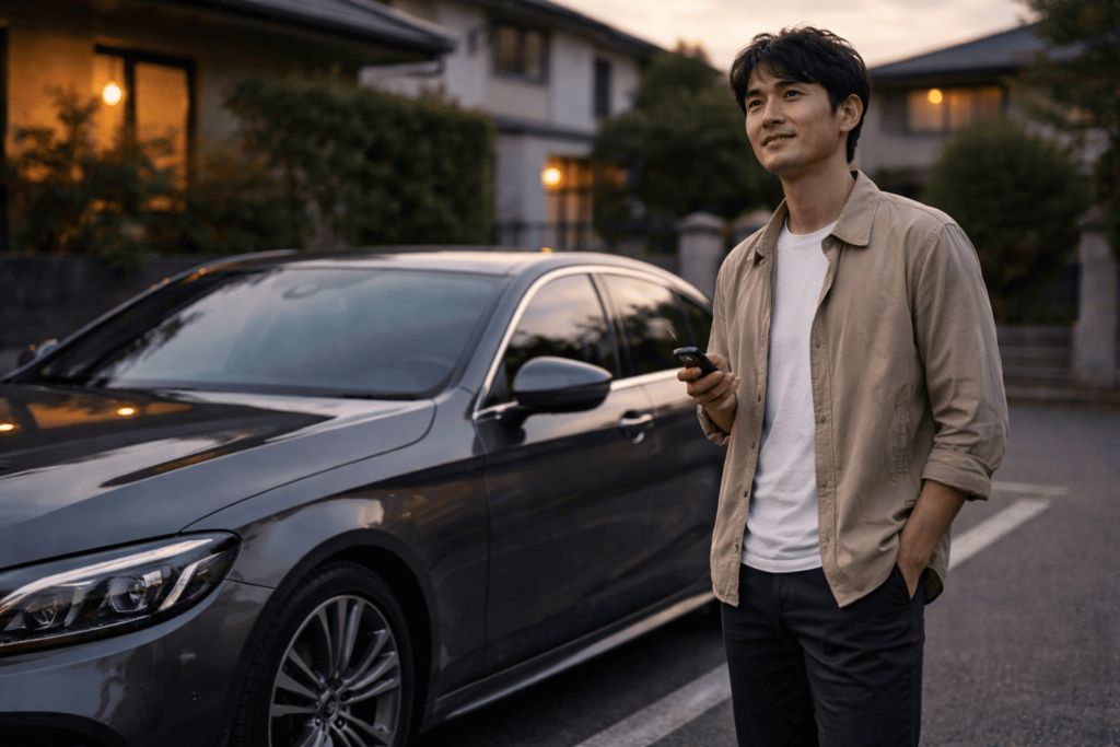 スマートキーを手に愛車の前で落ち着いた表情を見せる日本人ドライバー