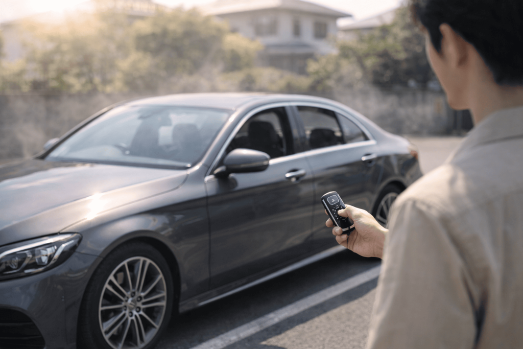 炎天下でスマートキー操作により窓を遠隔で開けて換気する様子