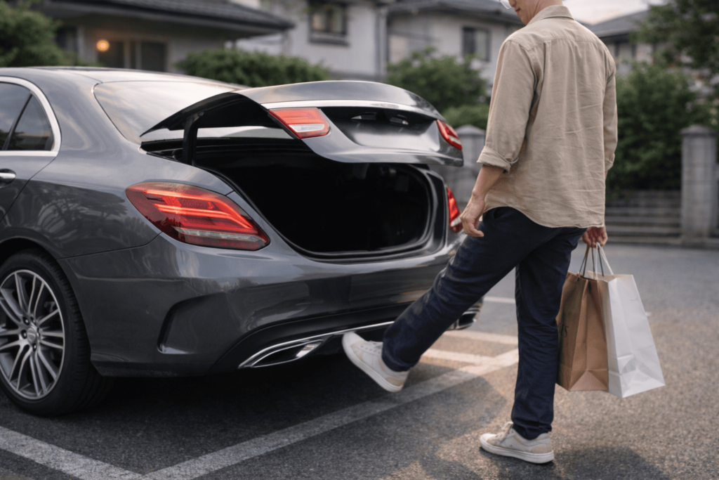 荷物で手が塞がった状態でも足の動作でトランクを開ける様子