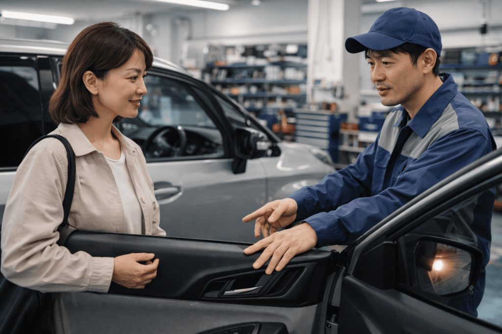 カー用品店でスマートキー後付けについて説明を受ける日本人女性オーナー