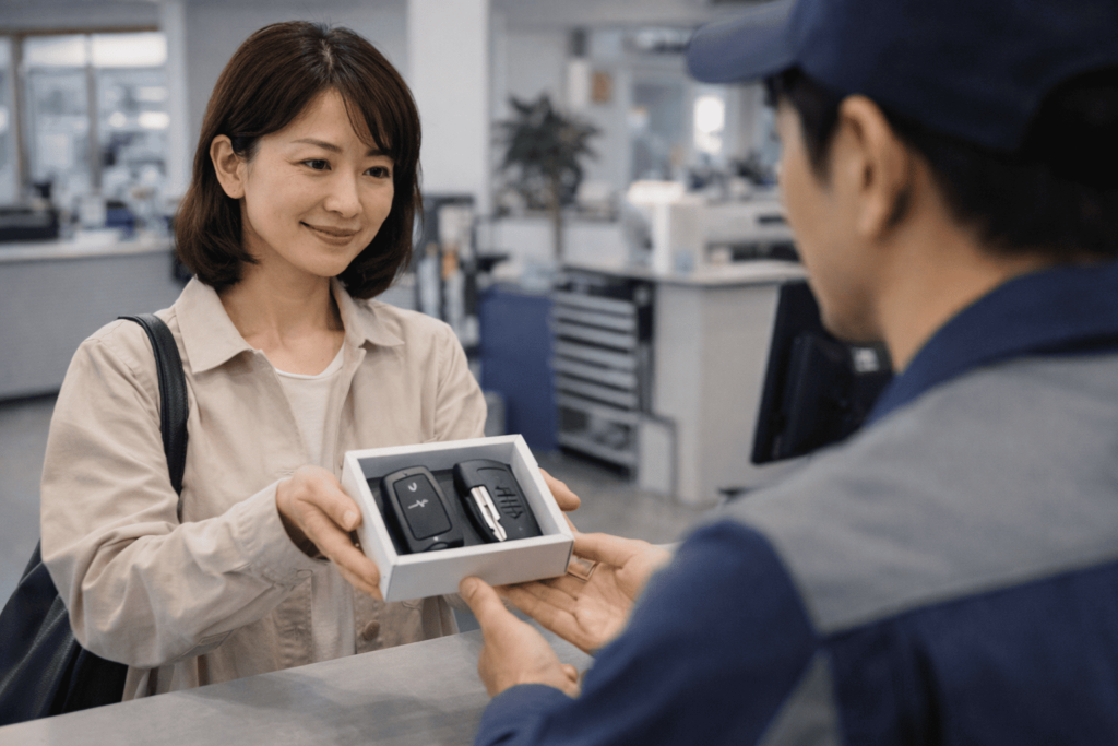 スマートキー後付けキットの持ち込み相談をする日本人女性