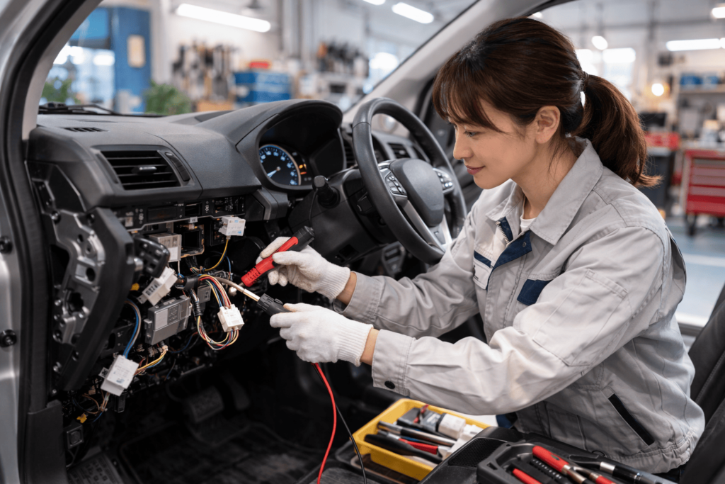 分解された車内配線を点検する日本人女性整備士