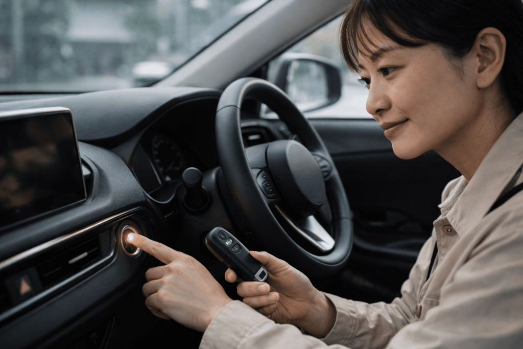 プッシュスタートボタンでエンジンを始動する日本人女性ドライバー