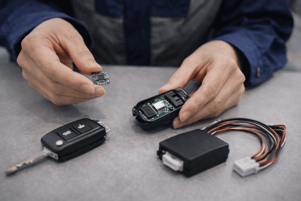 イモビライザー用チップとバイパス装置を扱う整備作業の様子