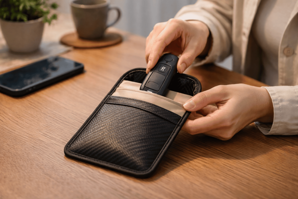 電波遮断ポーチにスマートキーを入れて防犯対策をする様子