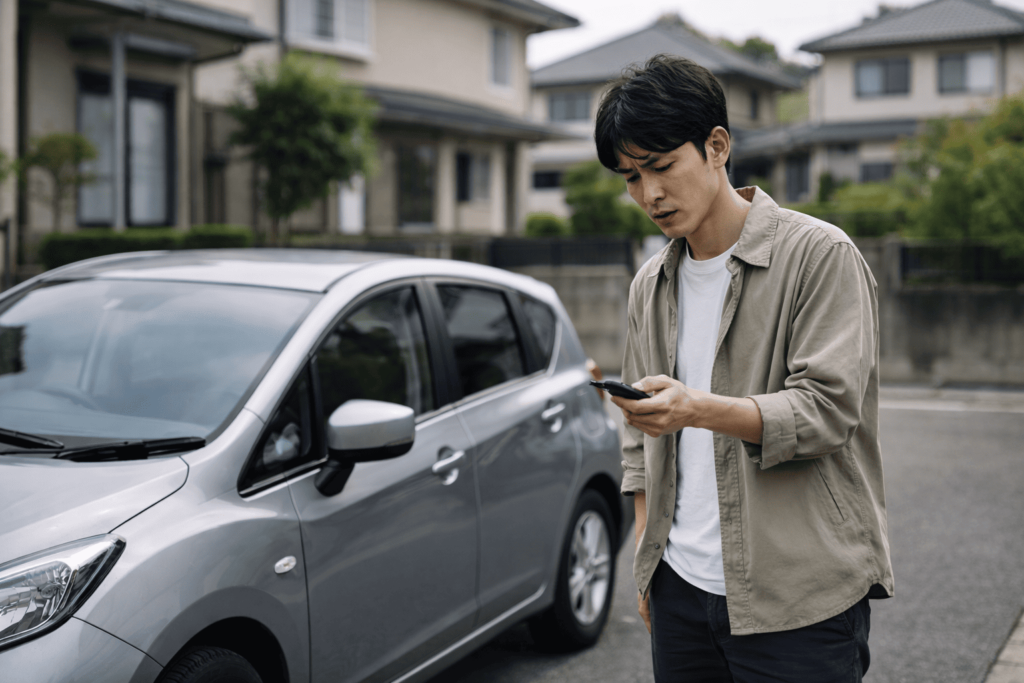 反応しないスマートキーを手に困った表情を浮かべる日本人ドライバー