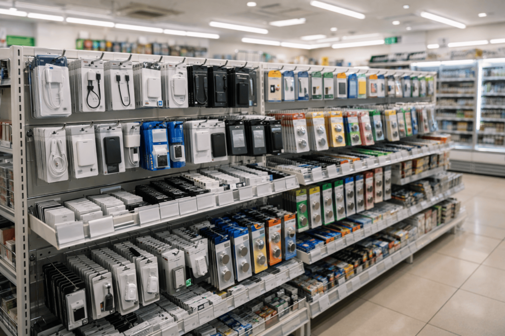 コンビニ店内の電池や充電器が並ぶ売り場