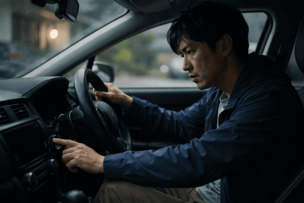 エンジンがかからず困った表情でスタートボタンを押すドライバー