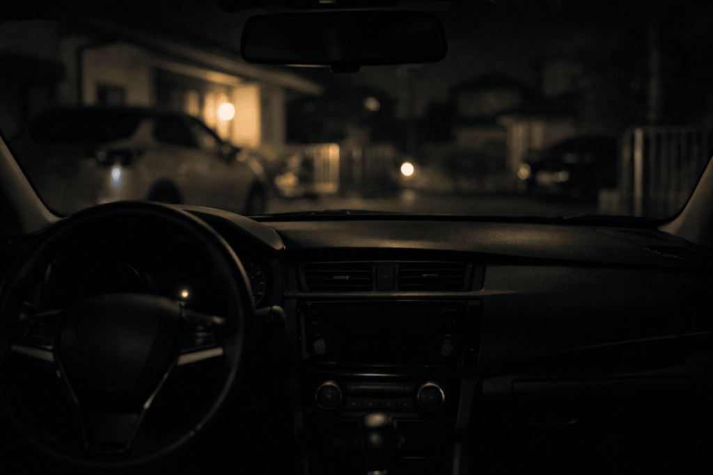 駐車中の車内で点滅する赤いイモビライザーのセキュリティランプ