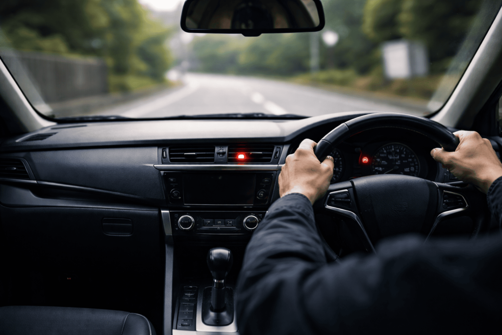 走行中に赤い警告灯が点灯している車のメーターパネルの様子