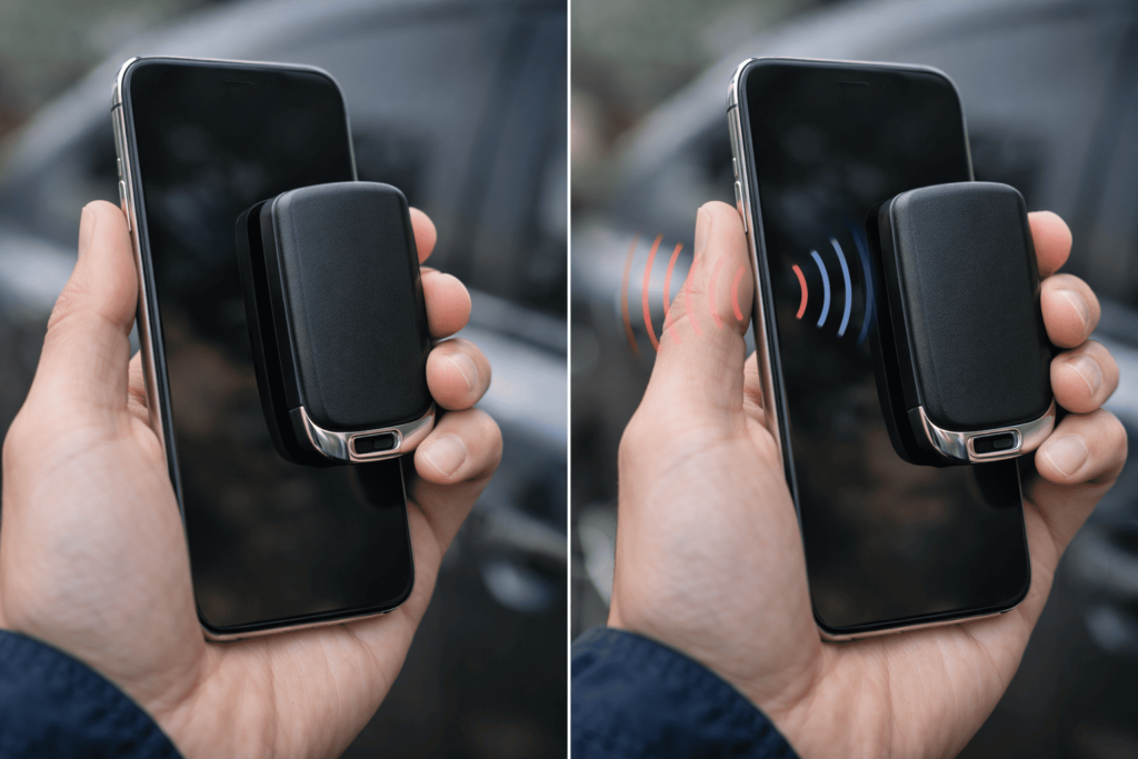 スマートフォンとスマートキーを近づけて持つことで電波干渉を示すイメージ