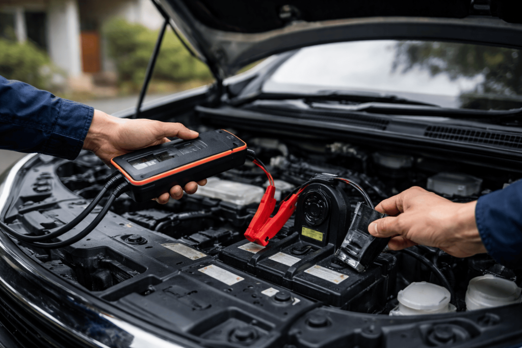 バッテリー上がりに対処するためジャンプスターターを接続する様子