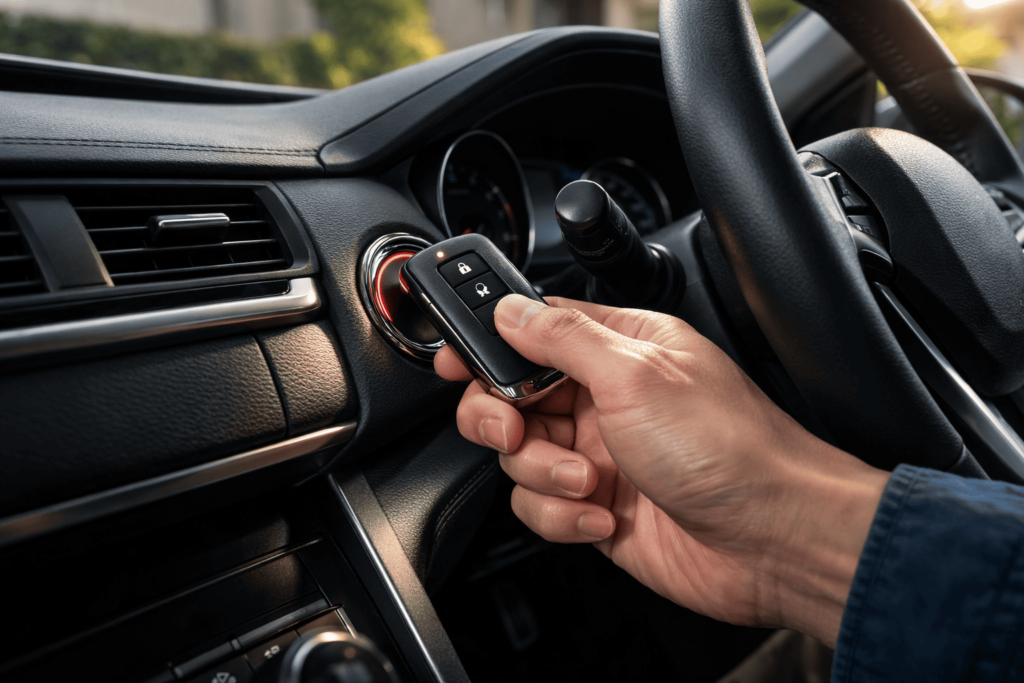 電池切れ時にスマートキーをスタートボタンへ押し当てて始動する操作