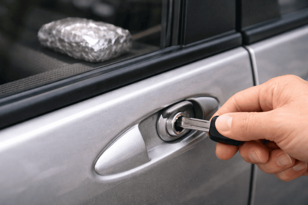 メカニカルキーを鍵穴に差し込み、手動でドアを施錠する最終ステップ