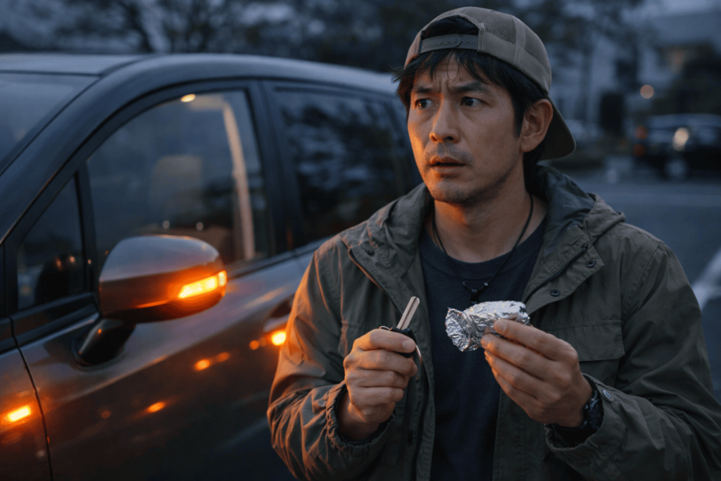 トヨタ車で電波遮断が不完全だと施錠を拒否され、焦る状況のイメージ