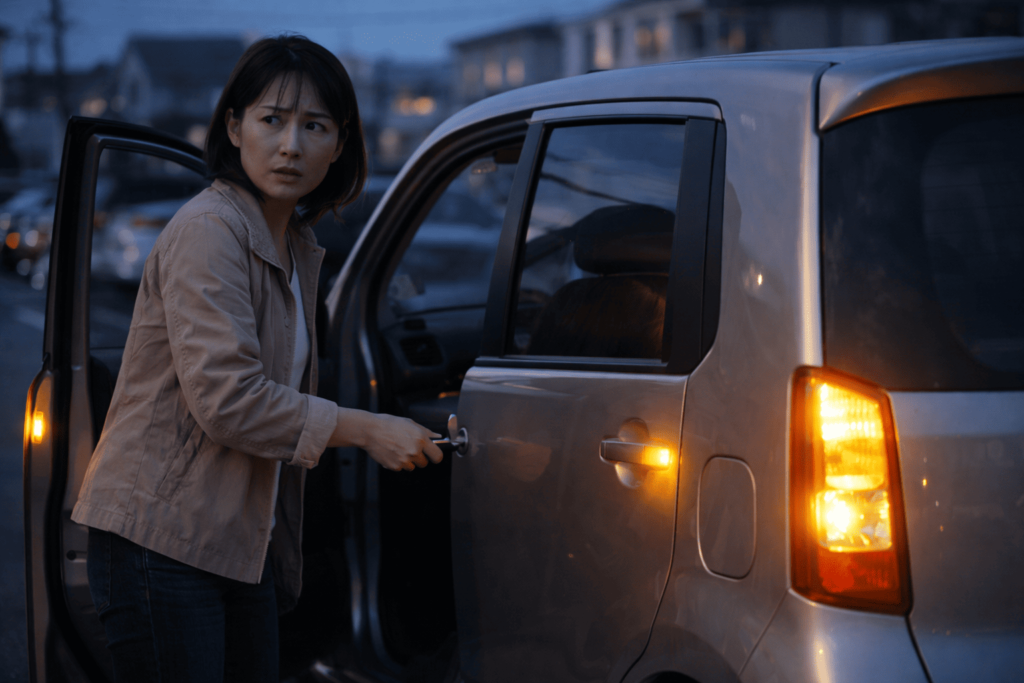 夕方の駐車場でドアを開けた直後、ハザードが点滅して驚きつつも冷静に対応しようとする日本人女性