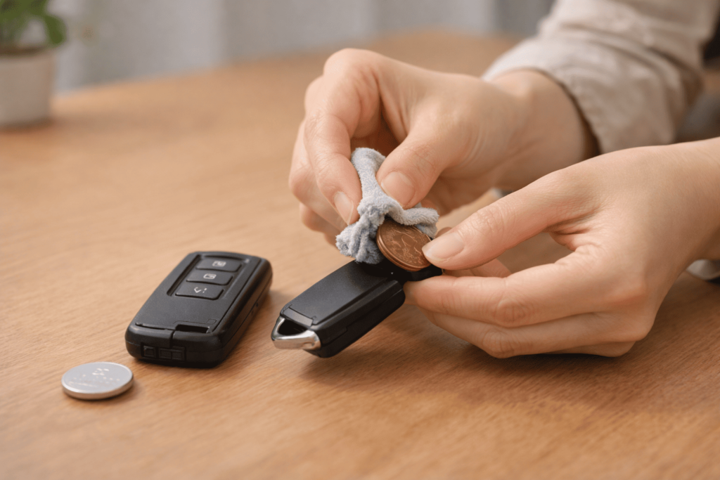 布で包んだ10円玉とCR1632電池を使い、スマートキーを傷つけずに開ける準備の様子