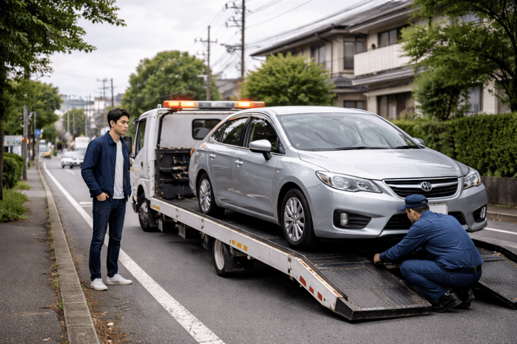 故障車がレッカー車に積み込まれている様子