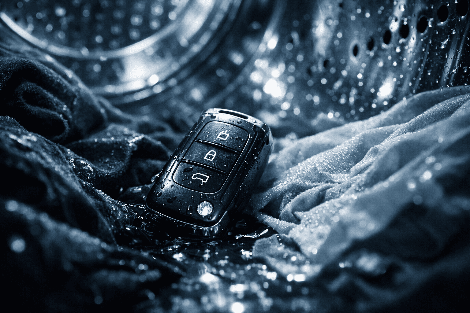 洗濯機の中で濡れた衣類に埋もれたスマートキー