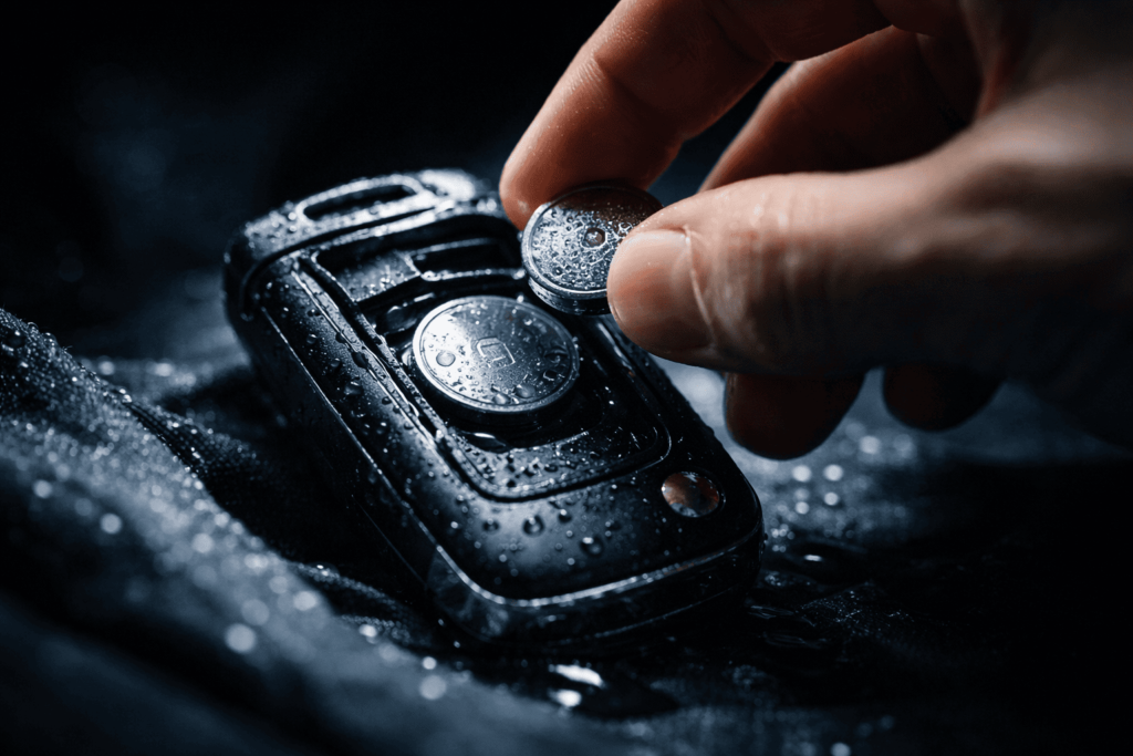 濡れたスマートキーに電池を入れようとしている危険な行為