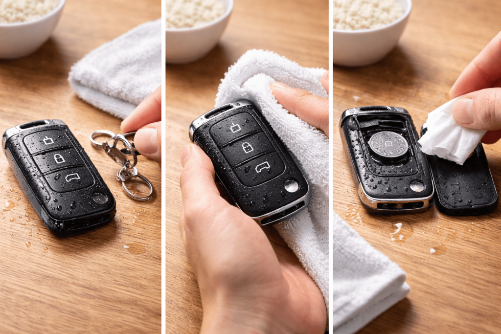 水没したスマートキーの応急処置の手順（アクセサリー除去・拭き取り・内部乾燥）