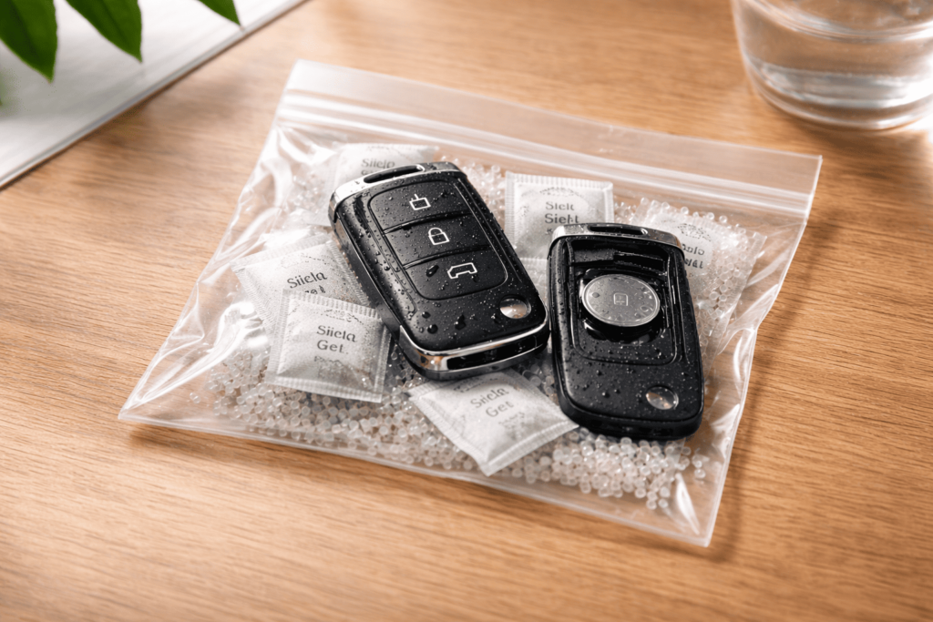 乾燥剤と一緒に密閉袋に入れられた分解済みスマートキー