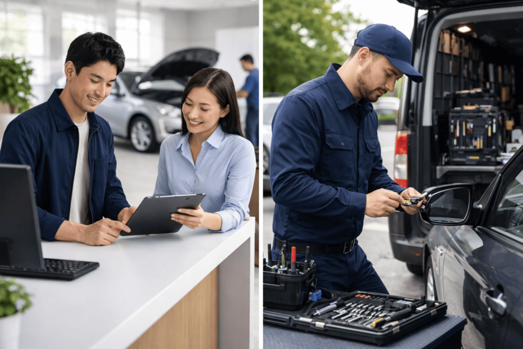 ディーラー対応と出張鍵業者の現場作業を対比したイメージ