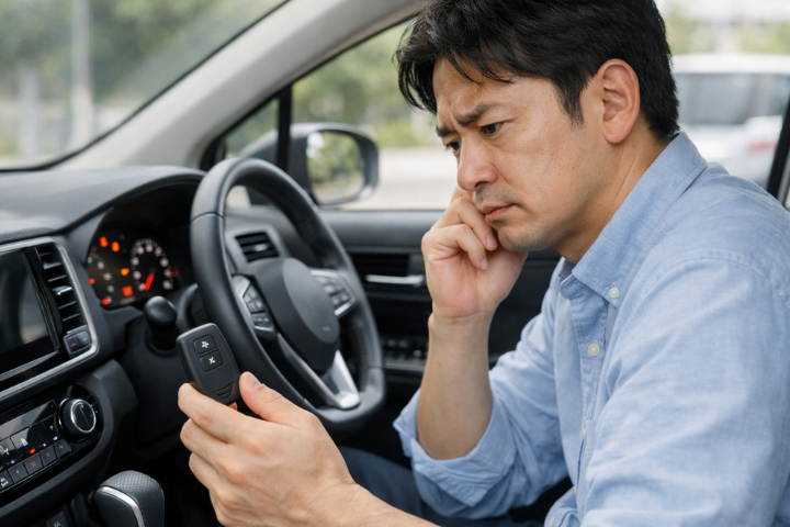 運転席でスマートキーが反応せず困った表情を浮かべる日本人ドライバー