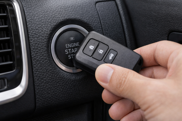 エンジン始動のためプッシュスタートボタンにスマートキーを直接押し当てている様子