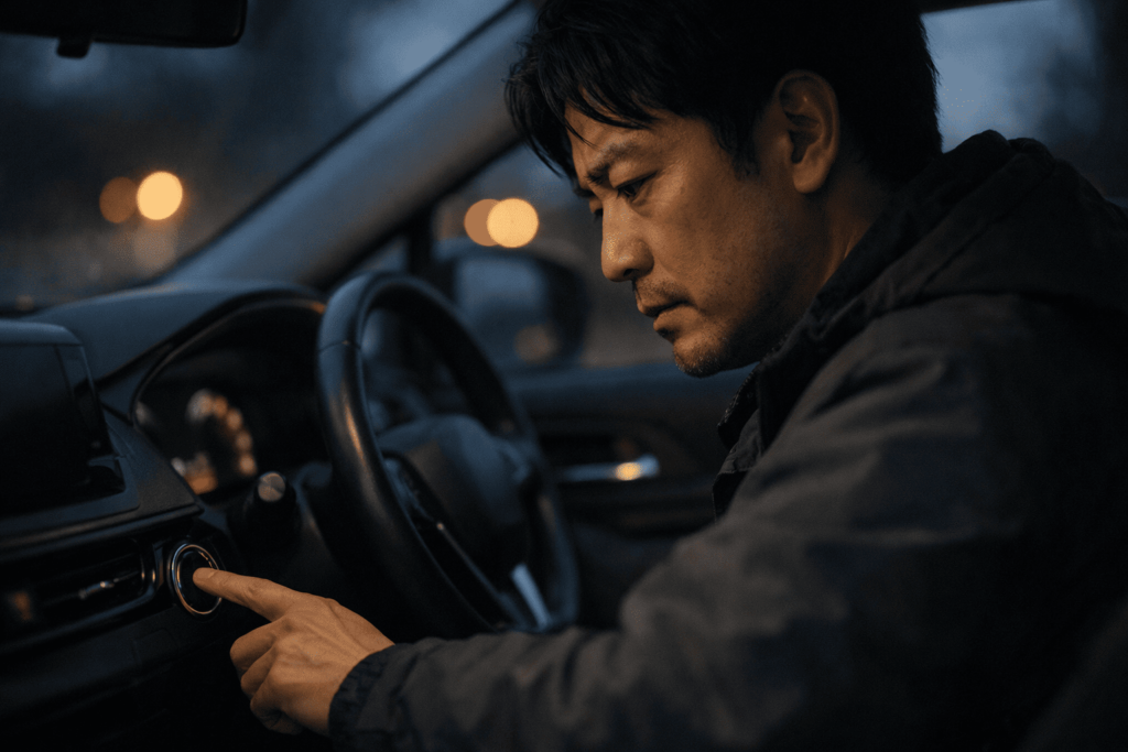 エンジンがかからず困惑してスタートボタンを押す日本人ドライバー