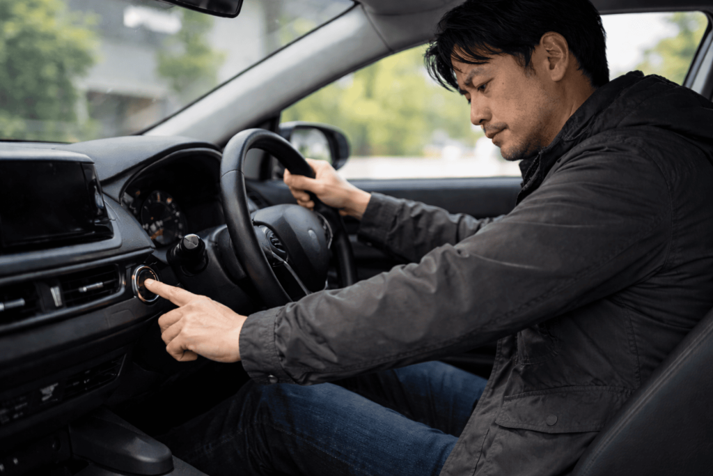 ハンドルを左右に揺らしてロック解除を試みる運転席の様子