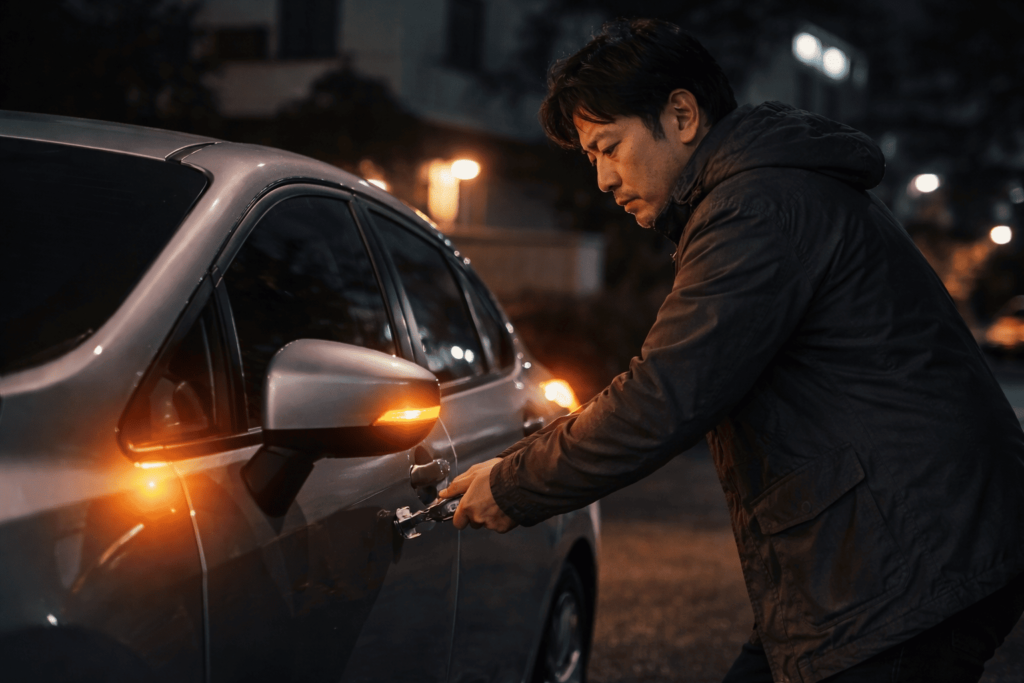 警報作動中の車にメカニカルキーでドアを開ける日本人ドライバー