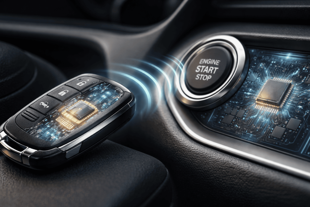 スマートキー内のICチップが車両と無線認証している様子の概念図