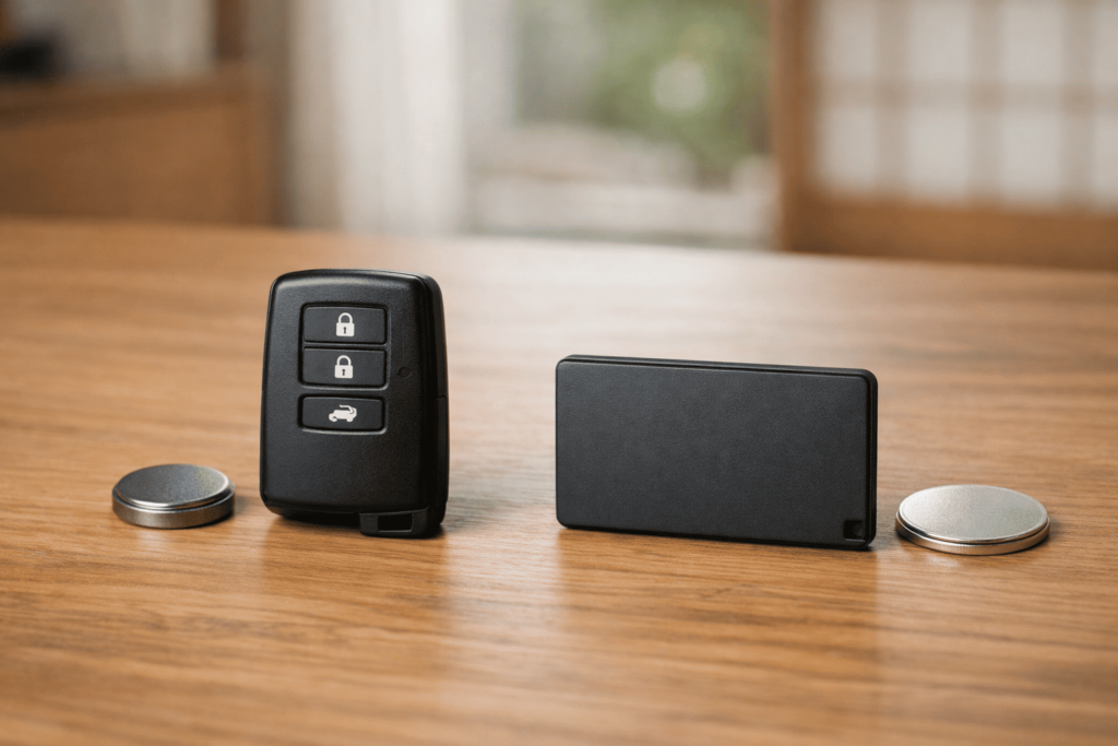 標準スマートキーと薄型カードキー、その違いが分かるように並べられたボタン電池比較イメージ