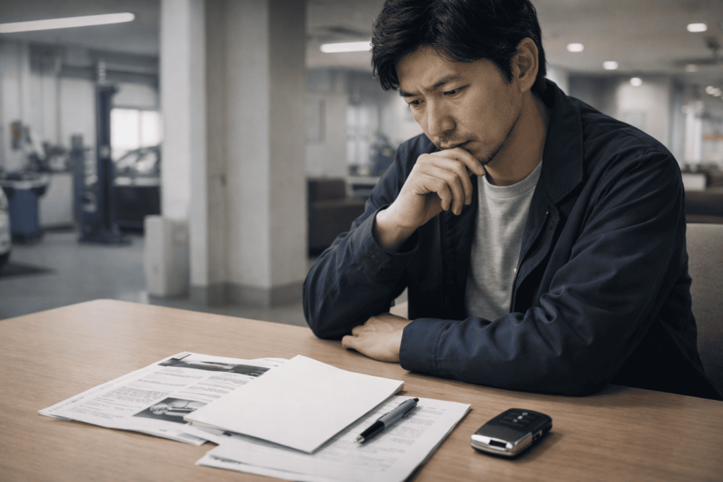 日本人男性が修理費用や依頼先を比較しながら慎重に判断している相談イメージ