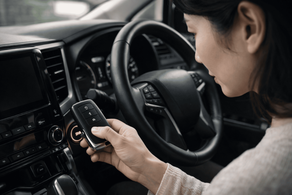 日本人女性が車内でスマートキーをスタートボタンに当てて緊急始動を試している様子