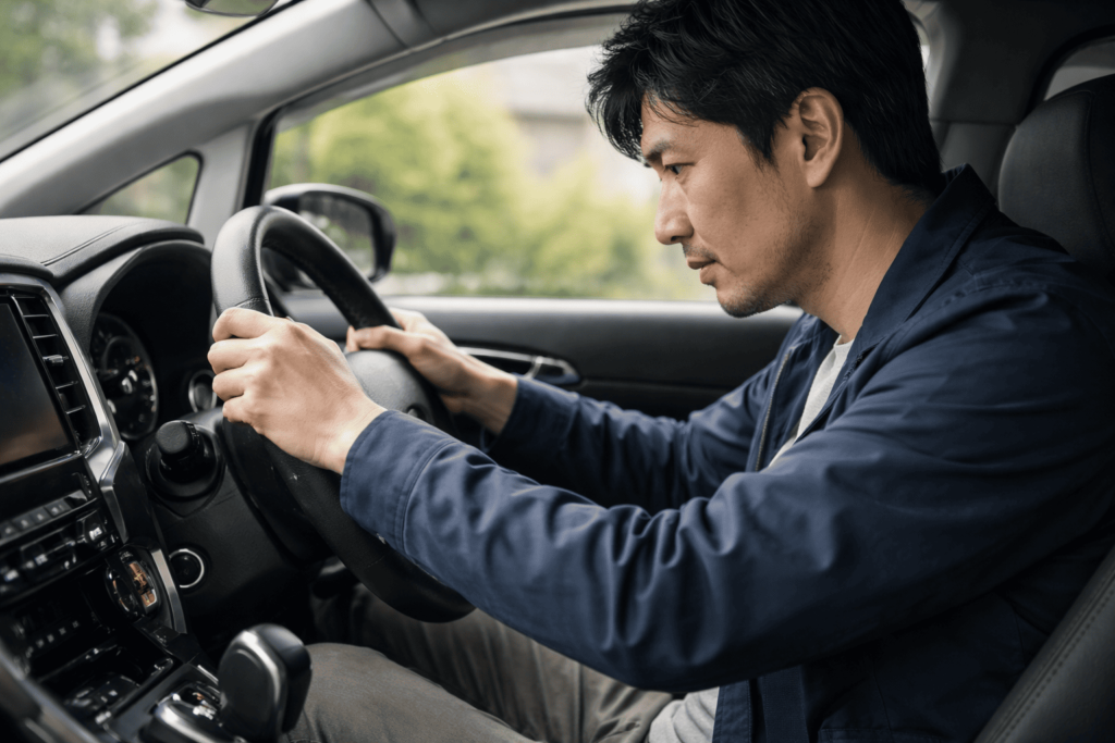 運転席で日本人男性がハンドルロックの可能性を疑いながら始動不良を確認している様子