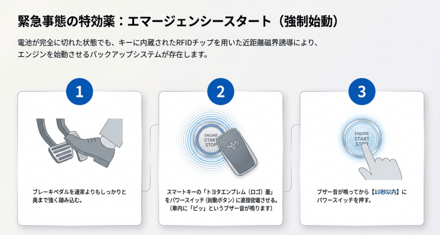電池切れ時でもエマージェンシースタートで対応する要領を解説する画像