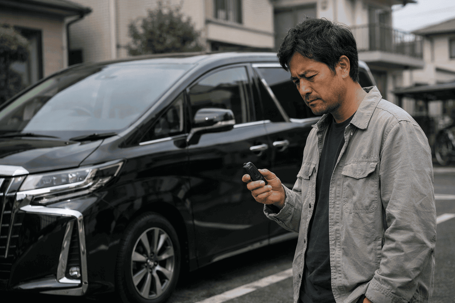 アルファードのようなミニバンの前でスマートキーを押してもスライドドアが開かず困っている日本人男性