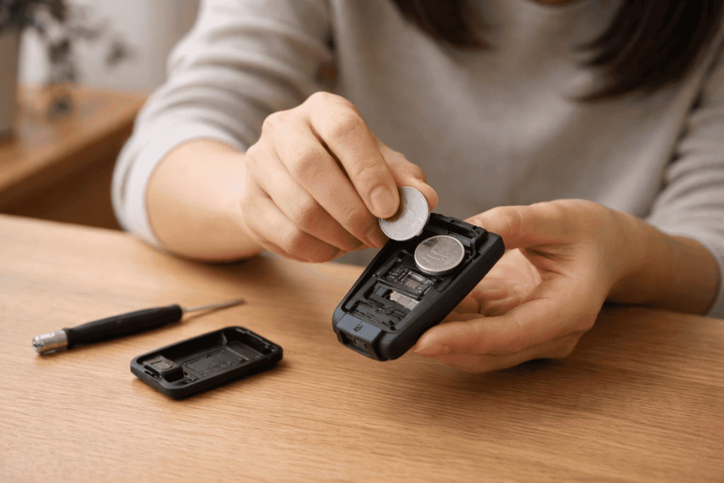 スマートキーを開けてボタン電池を確認している日本人女性の手元