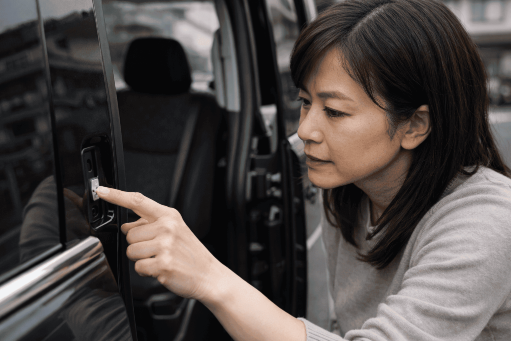 スライドドアのチャイルドロックレバーを確認している日本人女性