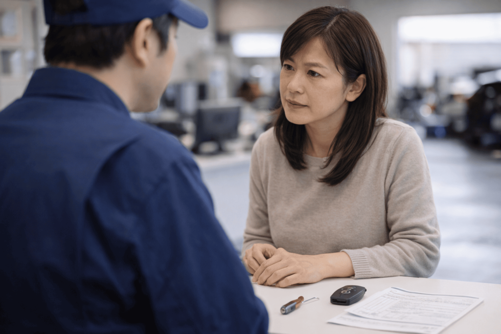 自動車整備の受付カウンターでスマートキーのトラブルについて相談する日本人女性