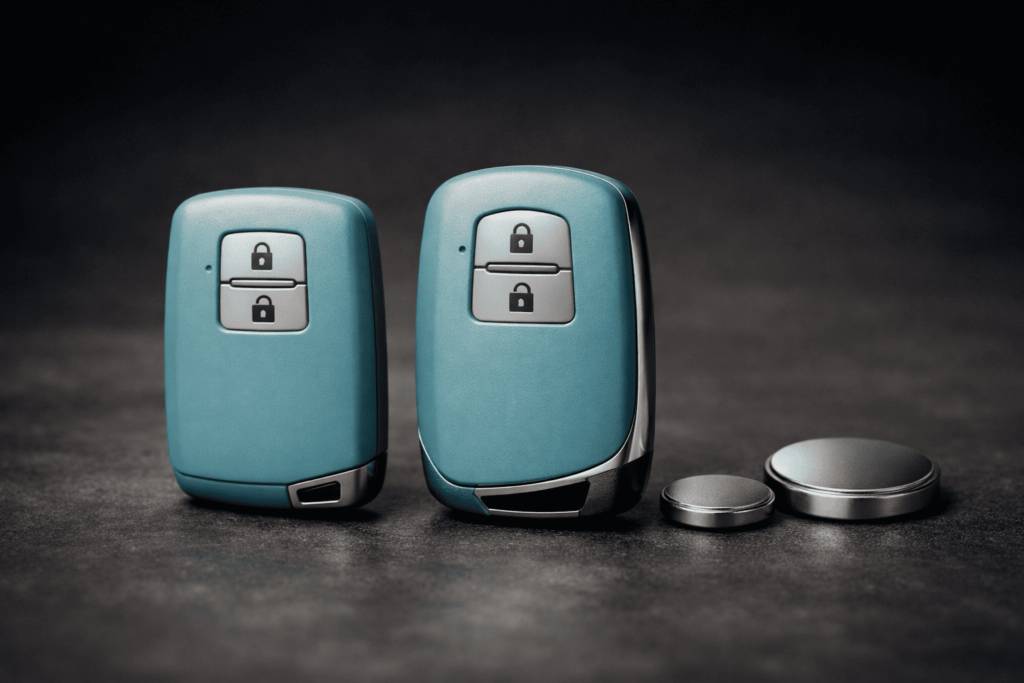 アクアのスマートキー本体とサイズの異なるコイン電池が並び、電池規格の違いを視覚的に示した比較イメージ