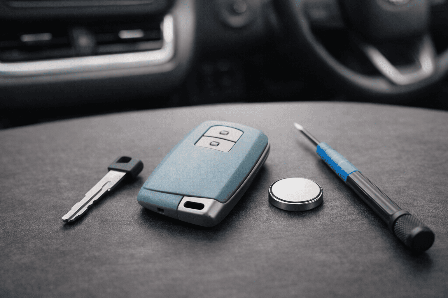 スマートキー、メカニカルキー、コイン電池、工具が整然と並ぶアクアの電池交換イメージ