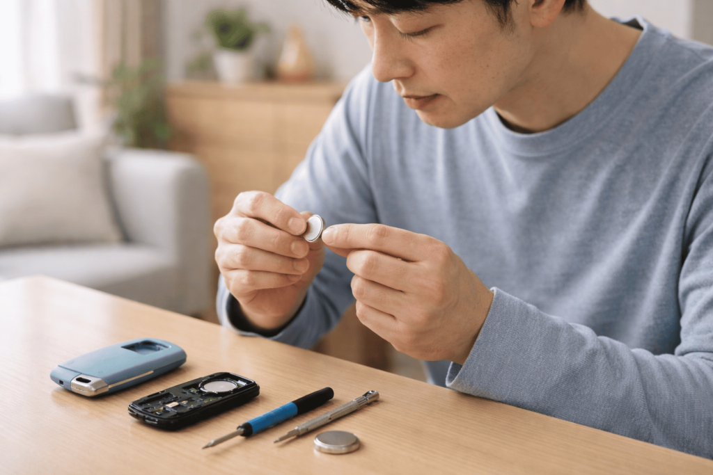家庭内でスマートキーのコイン電池を慎重に扱い、安全に交換作業をする日本人男性