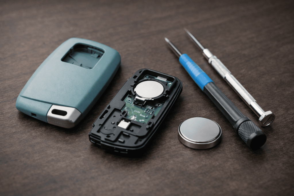 スマートキー、交換用電池、保護した工具が並ぶ安全なDIY交換の手元イメージ