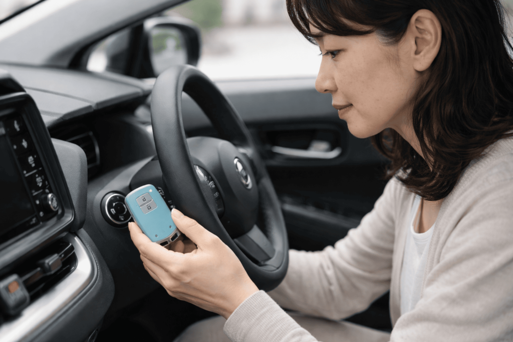 電池切れ時の緊急始動としてスマートキーをパワースイッチに近づける日本人女性