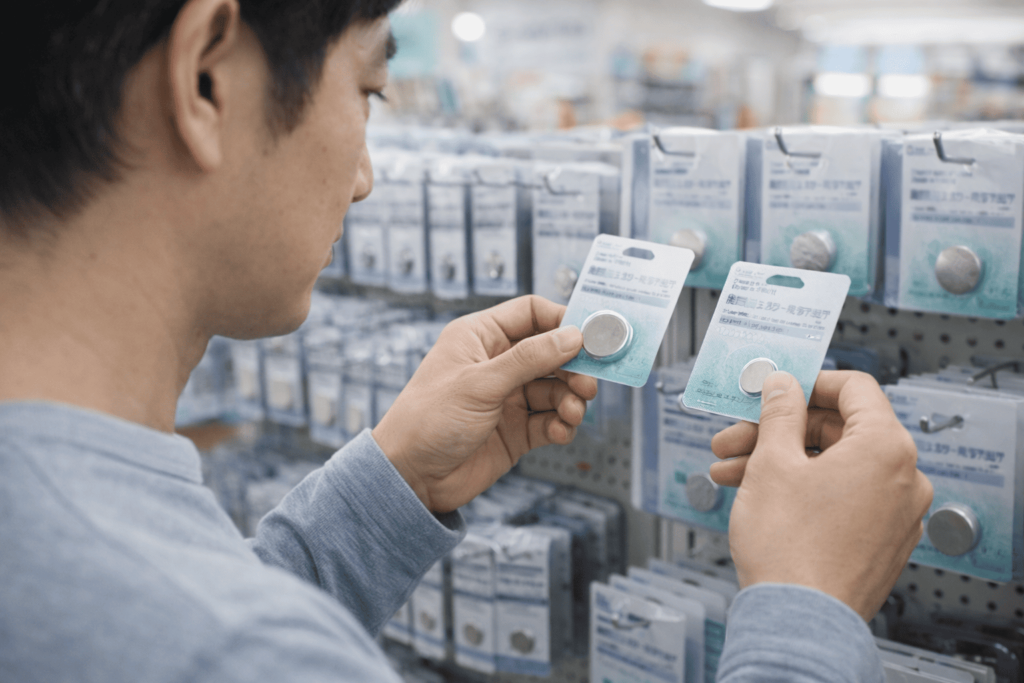店頭でスマートキー用のコイン電池を選ぶ日本人男性の様子