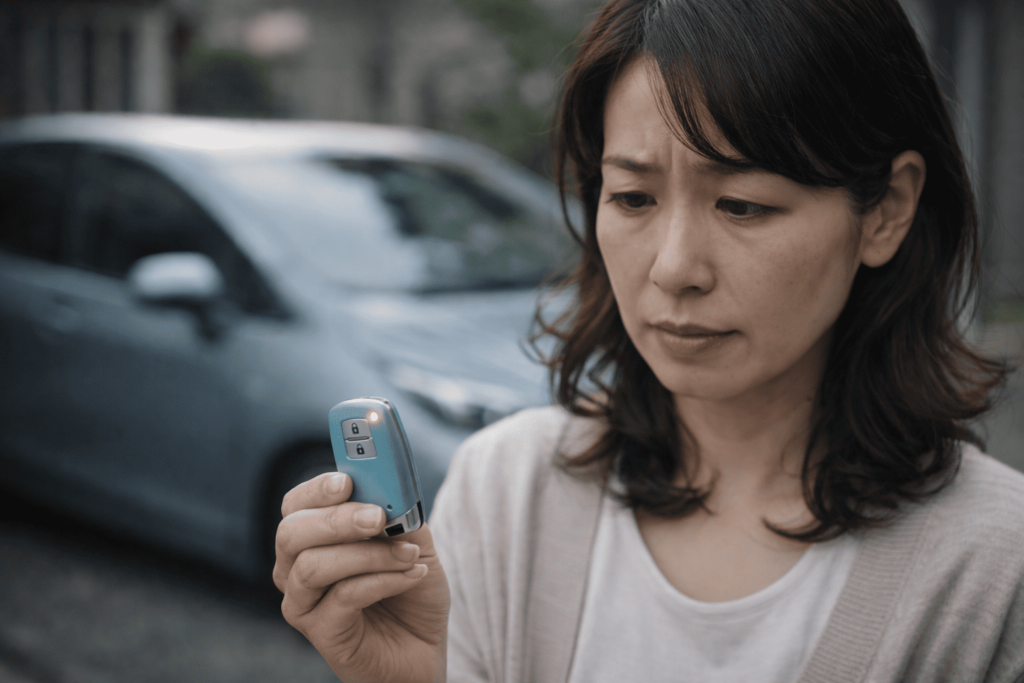 車のそばでスマートキーの反応を確認し、電池残量の低下に気づいた様子の日本人女性
