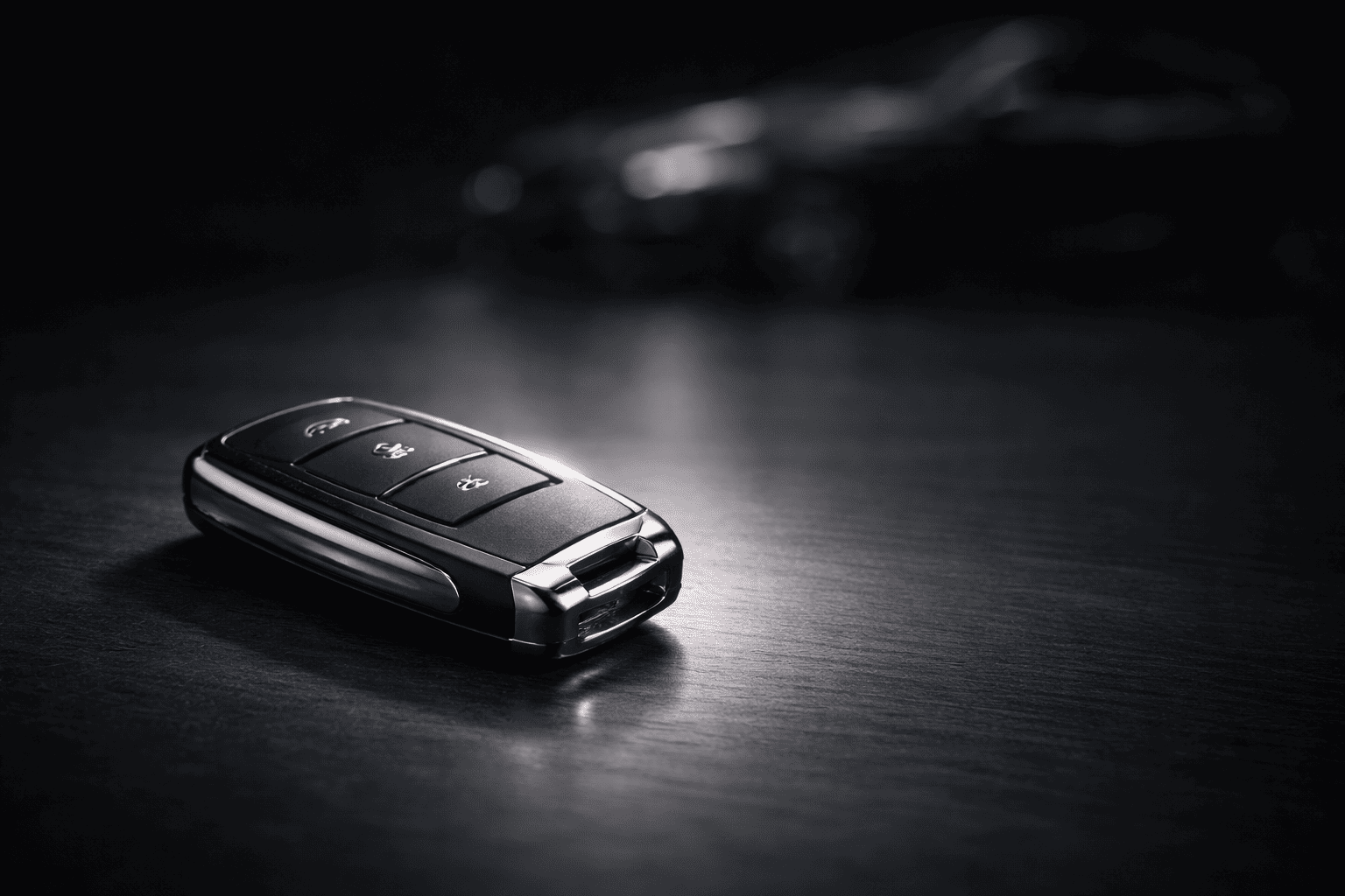 暗い背景に高級車用スマートキーが置かれ、鍵紛失の不安と高額な対応費用を連想させるイメージ